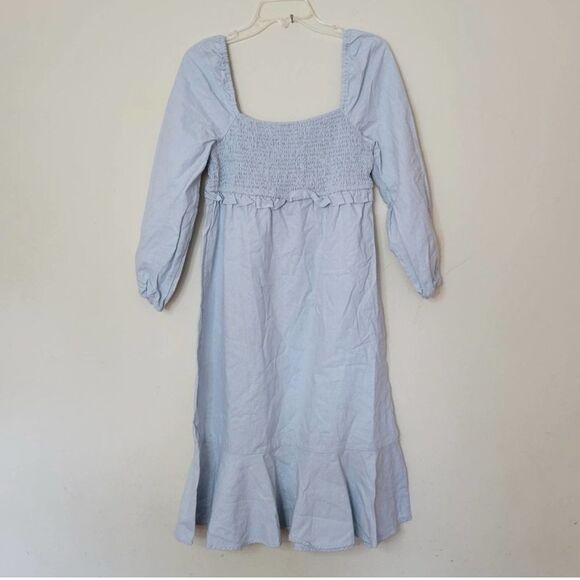 7 For All Mankind Linen Cotton Blend Smocked Puff Sleeve Blue NWT Medium - Picture 2 of 6